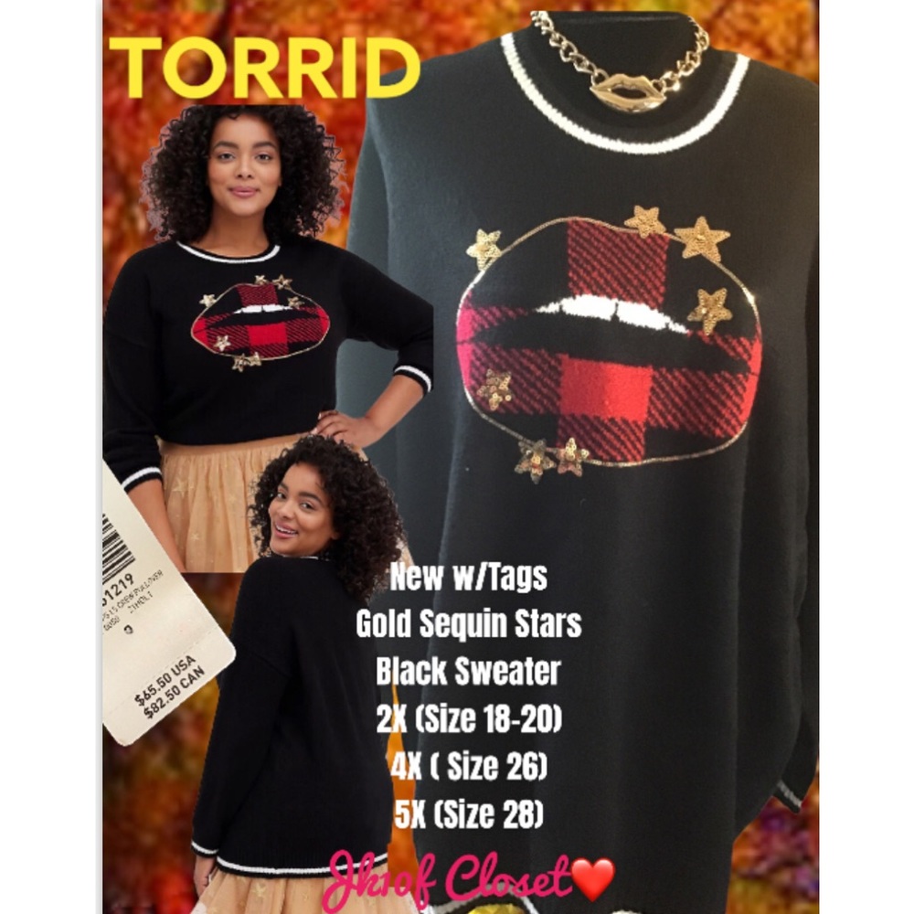LOWEST🌺 NWT TORRID 5X-2X 1X-0X-or 00 BLACK w/GOLD STARS SWEATER